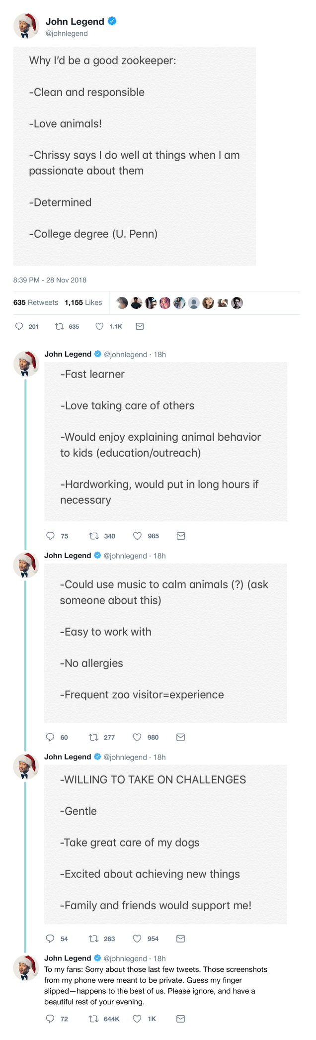 Illustration for article titled Embarrassing Tweetstorm: John Legend Just Tweeted Out What Was Clearly Meant To Be A Private List Of Reasons He’d Make A Good Zookeeper